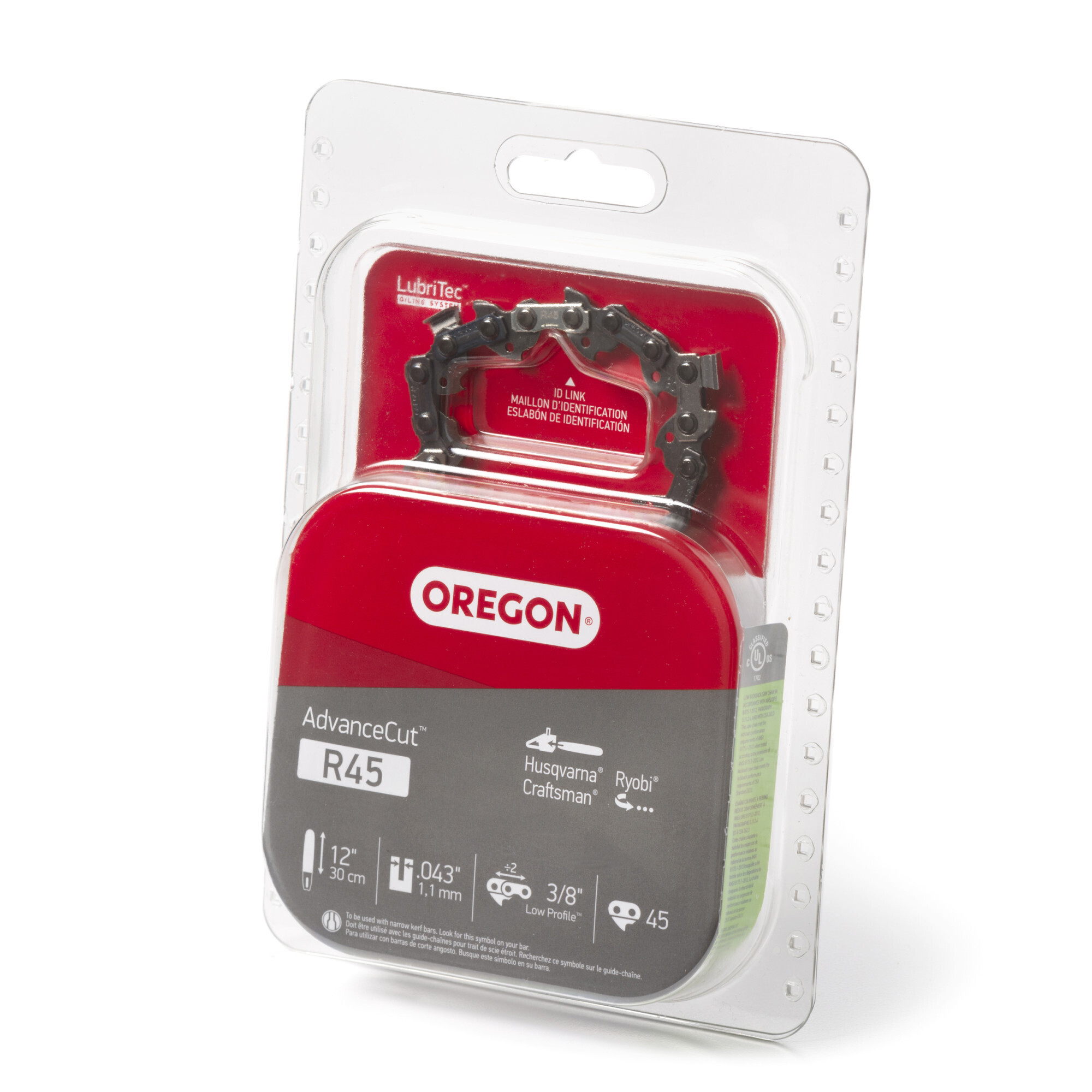 Oregon, AdvanceCut Chainsaw Chain, Bar Length 12 in, Chain Pitch 3/8 in, Model# R45